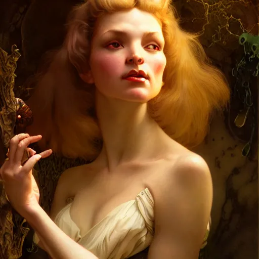 Prompt: a portrait of a gelfling, dark fantasy, medium shot, intricate, elegant, highly detailed, digital painting, volumetric light, artstation, concept art, smooth, sharp focus, illustration, art by Gil Elvgren and Greg Rutkowski and Alphonse Mucha