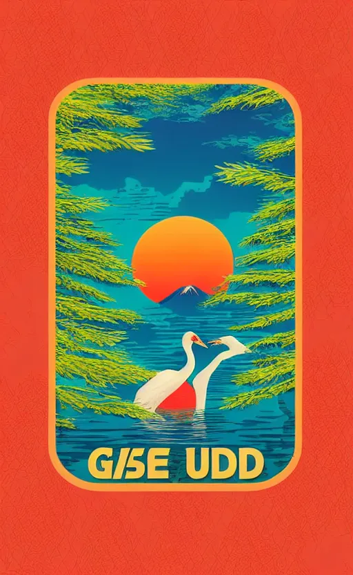 Image similar to fresh trump card design, vector art, a huge japanese crane bird is chilling above a lake in the middle of a forest of japanese pines, a big red sun in the background, front of game card, clean elements, trending on kickstarter, stunning, solid colors