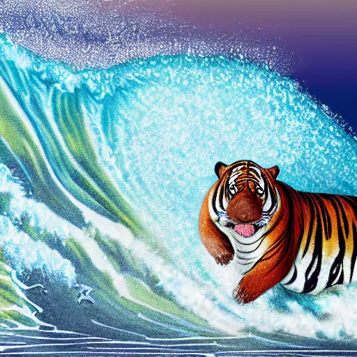 Prompt: a closeup photorealistic photograph of a smiling cute tiger hippopotamus riding a large wave during sunset. surf in the background. professional capture. brightly lit scene. this 4 k hd image is trending on artstation, featured on behance, well - rendered, extra crisp, features intricate detail, epic composition and the style of unreal engine.