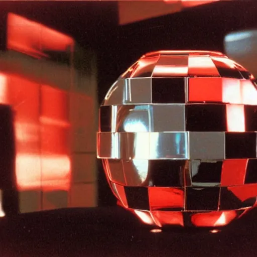 Prompt: chrome spheres on a red cube, blade runner 1982