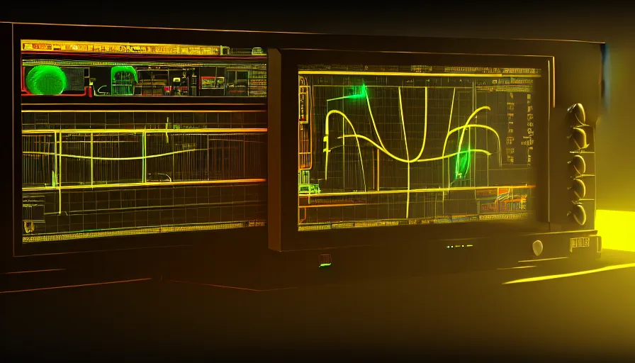 Image similar to retrofuturism old rct screen oscilloscope, old soviet machine, volumetric lighting, photorealistic rendering, artstation, redshift, octane, golden ratio