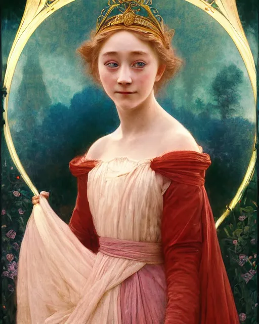 Image similar to a portrait painting of a shy, blushing princess resembling 1 4 - year old saoirse ronan in a tiara and an iridescent art nouveau gown watching the lantern festival, intricate, elegant, highly detailed, artstation, concept art, by krenz cushart and artem demura and william adolph bouguereau and alphonse mucha