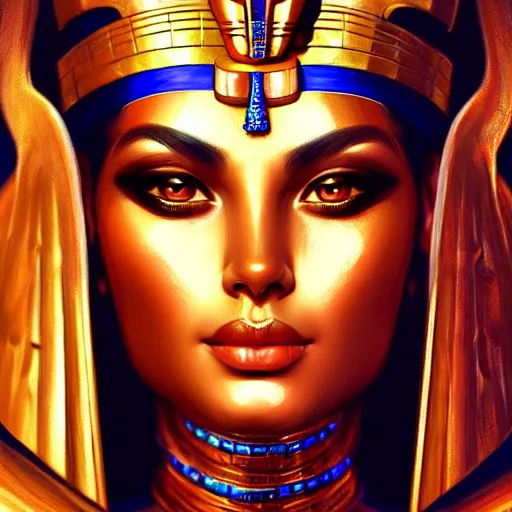 Image similar to portrait of gorgeous egypt goddess in the armor, beautiful face, hyper realistic, highly detailed, digital painting, artstation, illustration, concept art by hyung tae and frank frazetta, digital paint, matte paint, washed colors, dark, gloomy, foggy