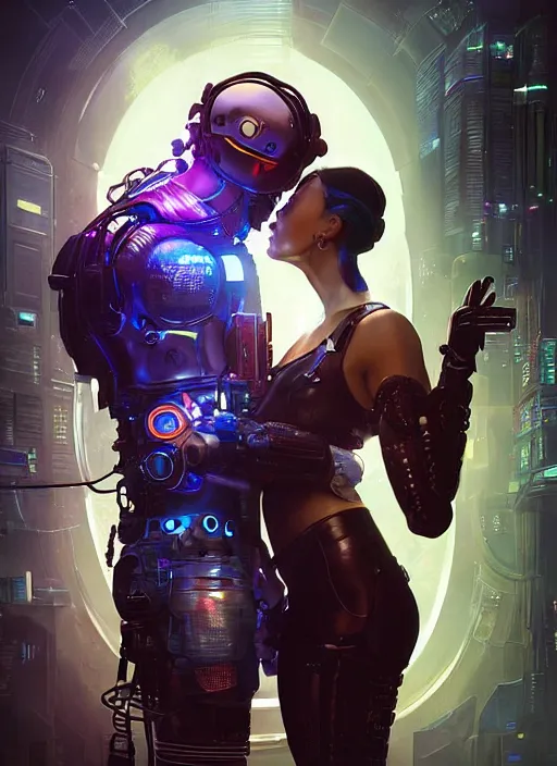 Image similar to cyberpunk, sci - fi, fantasy, ultra realistic medium shot of a couple of cyborgs kissing, lovers, joined by cables, backlight, led, unreal engine, octane render, soft light, night, highly detailed, digital painting, concept art, sharp focus, illustration, art by artgerm and greg rutkowski and alphonse mucha