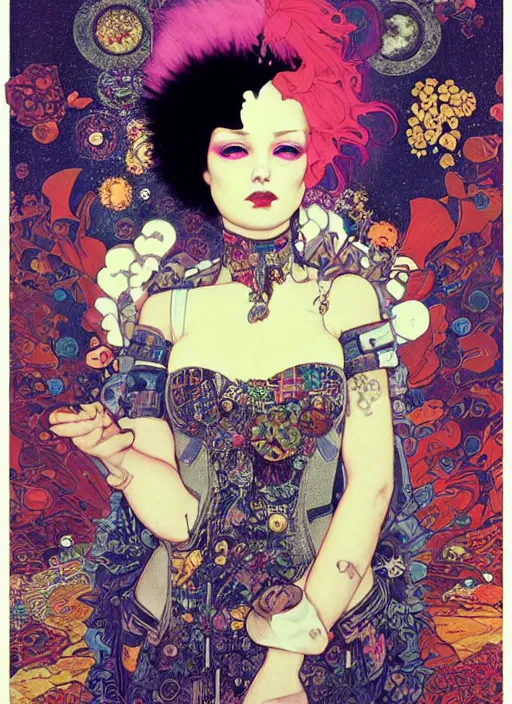 Prompt: cute punk goth fashion fractal cosmonaut girl by Zhang Jingna, punk poster art by Victor Moscoso Dan Mumford Kilian Eng Hannah Jeffrey Smith Rick Griffin Alphonse Mucha Gustav Klimt Ayami Kojima Amano Charlie Bowater