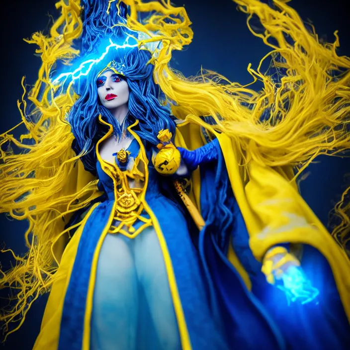 Image similar to photograph of a real - life beautiful!! elemental lightning witch with ornate yellow and blue robes. extremely detailed. 8 k