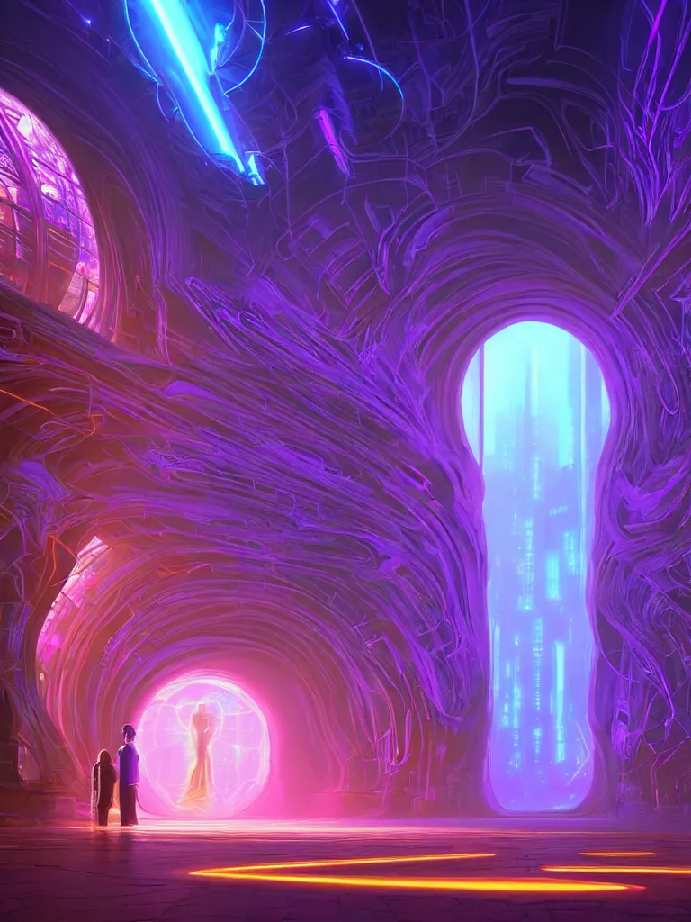 Image similar to entrance to matrix ethereal realm, ai sentient, rendered in unreal engine, central composition, symmetrical composition, dreamy colorful cyberpunk colors, 6 point perspective, fantasy landscape with anthropomorphic terrain in the styles of igor morski, jim warren and rob gonsalves, intricate, hyperrealistic, volumetric lighting, neon ambiance, distinct horizon