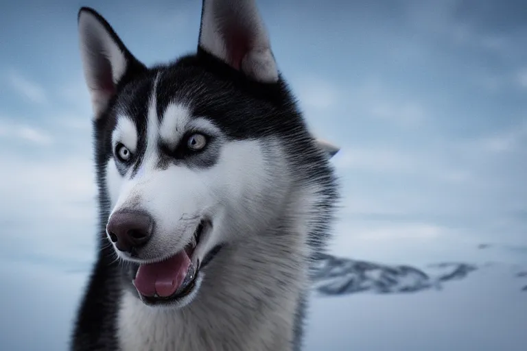 Prompt: a scenic photograph of a very scary! husky looking away from the camera. the whole husky is visible in frame. anatomically correct husky. polar setting, wasteland background, ominous sky. octane render, extreme detail, super symmetrical photograph, 8 k