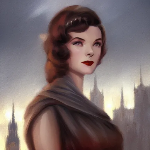 Image similar to closeup portrait of a young vivien leigh, 1 9 2 0 s, femme fatale, city background, megacity, high fantasy, dramatic light, gorgeous view, depth, high detail, digital art, painted by greg rutkowski, trending on artstation