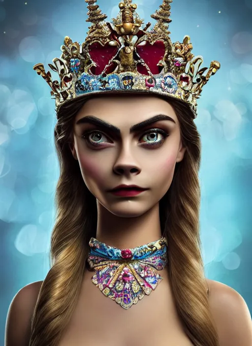 Image similar to closeup face profile portrait of a tin toy cara delevingne as a fairytale princess wearing a crown with tin bunnies, bikini, depth of field, zeiss lens, detailed, symmetrical, centered, fashion photoshoot, by nicoletta ceccoli, mark ryden, lostfish, breathtaking, 8 k resolution, extremely detailed, beautiful, establishing shot, artistic, hyperrealistic, octane render