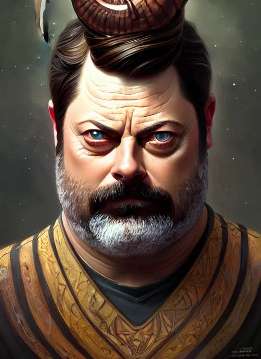 Image similar to portrait of nick offerman as a squid man, d & d, muscular, fantasy, intricate, elegant, highly detailed, digital painting, artstation, concept art, smooth, sharp focus, illustration, art by artgerm and greg rutkowski and alphonse mucha