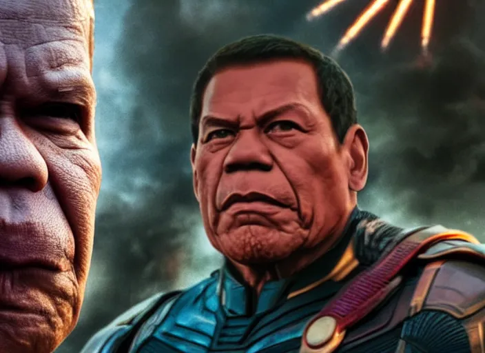 Image similar to rodrigo duterte staring down thanos, real life photograph, award winning photograph, 4 k