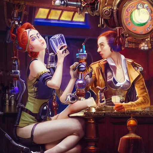 Prompt: a female cyborg with magic eyes and a steampunk diadem drinking a multicolored magic drink in a bar, highly detailed painting by studio ghibli and carravagio, leyendecker, craig mullins, nice lighting, smooth tiny details, soft and clear shadows, low contrast, perfect