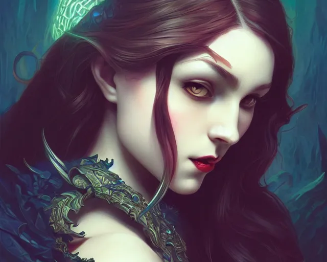Image similar to beautiful hypnotic seductive hungry vampire girl, photography of kurzgesagt, deep focus, d & d, fantasy, intricate, elegant, highly detailed, digital painting, artstation, concept art, matte, sharp focus, illustration, hearthstone, art by artgerm and greg rutkowski and alphonse mucha