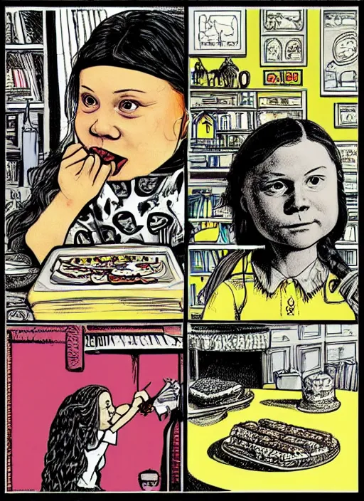 Image similar to greta thunberg eating cakes drawn by robert crumb, detailed digital art, trending on Artstation