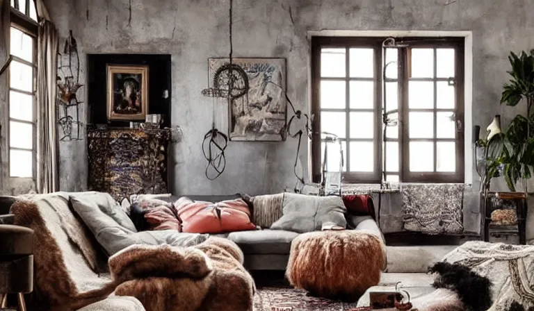 Prompt: sunrise 3 5 mm warm photo of a tastefully decorated bohemian living room with dark luxurious furnishings, and a mix of antique and modern furniture, and a mix of concrete and raw wood finishes, soft lighting