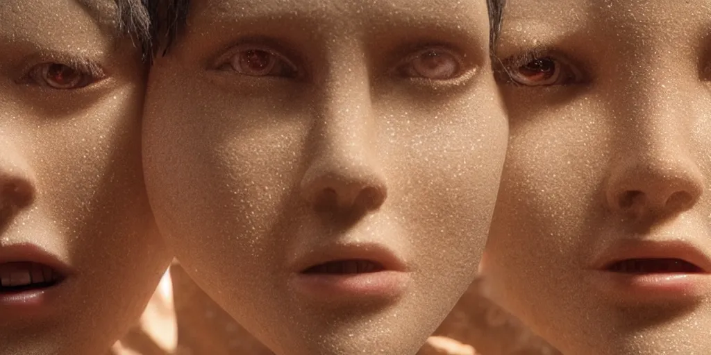 Image similar to realistic humanoid robot, mesh, skin, facial features, close up, desert background, shot by denis villeneuve, blade runner 2049 style, cinematic lighting