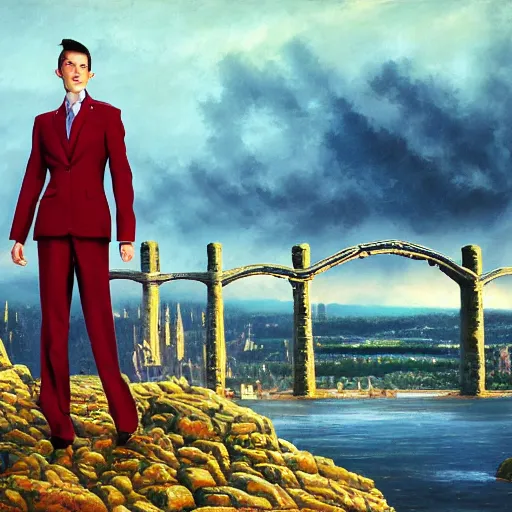 Prompt: portrait of Ruby Rose with messy spiked auburn hair and pointed ears and dressed in a blue men's suit with a yellow tie, standing on a stone bridge with a fantasy city of tall stone towers in the background, oil painting by Alex Ross