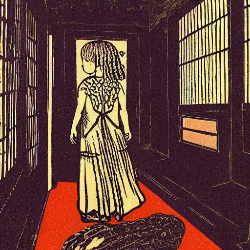 Image similar to a lonely girl in a liminal room, colored woodcut, poster art, by Mackintosh, art noveau, by Ernst Haeckel