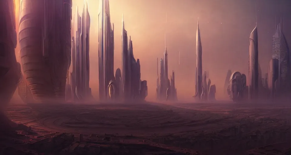 Prompt: cinematic shot, futuristic city on the mars with towers made of stacked disks, utopian, digital painting, artstation, concept art, smooth, sharp focus, illustration, intricate, elegant, highly detailed, in the style of greg rutkowski and alphonse mucha and artemisia, 8 k, highly detailed, jurgens, rutkowski