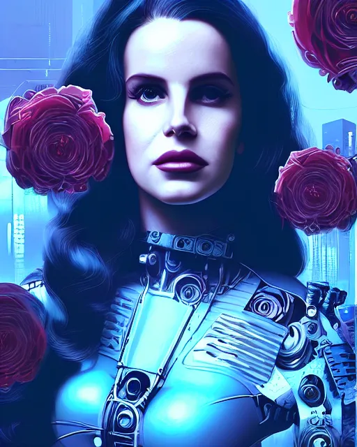 Image similar to portrait of lana del rey as a cyberpunk cyborg. roses, sci - fi, intricate abstract upper body intricate artwork, by tooth wu, wlop, beeple, dan mumford. concept art, octane render, deviantart, greg rutkowski, cinematic arthouse, key art, hyper realism, iridescent accents