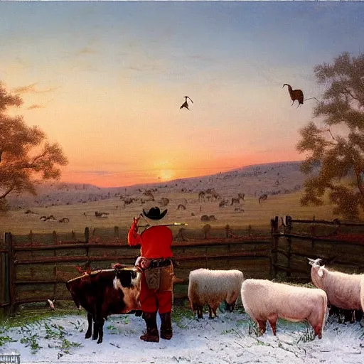 Image similar to an extremely detailed matte painting of a rancher feeding the animals at sunrise, tall rancher wearing a cowboy hat, dogs, cows, sheep, chickens, ducks, 4 k, ranch the morning after a light snowfall, by bob ross and norman rockwell and albert bierstadt