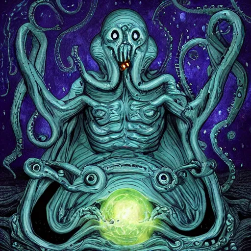 Prompt: lovecraftian god in the centre of the universe with unimaginable horror from the distant space