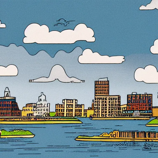 Prompt: 1 9 5 0 s city skyline overlooking a polluted lake, fluffy clouds flat colors