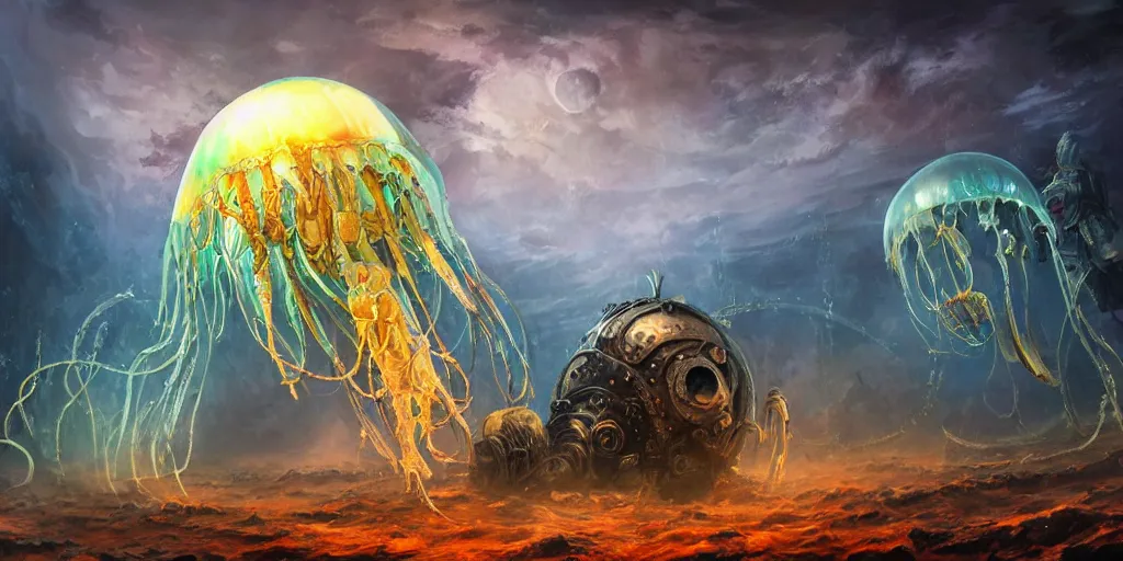 Image similar to concept art of giant translucent glowing jellyfishes, lovecraftian divers helmet, lots of teeth, melting horror, round moon, rich clouds, fighting the horrors of the unknown, mirrors, very detailed, volumetric light, mist, grim, fine art, decaying, textured oil over canvas, epic fantasy art, very colorful, ornate, anato finnstark