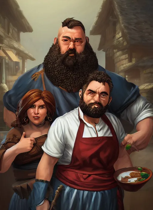 Image similar to an epic fantasy comic book style portrait painting of a hearty man with a big belly and thick beard and large woman who are a couple in a tavern with them both wearing aprons, unreal 5, daz, hyperrealistic, octane render, cosplay, rpg portrait, dynamic lighting