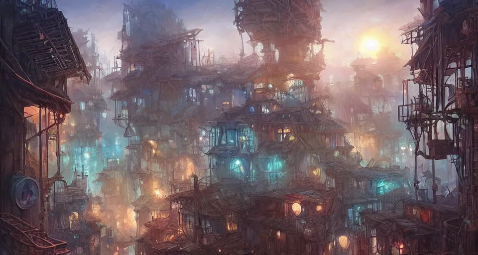 Image similar to landscape painting of the slums at the bottom of a fantasy metal steampunk city that has a light blue glow with walkways and lit windows, magali villeneuve, artgerm, rutkowski