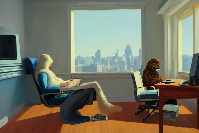 Prompt: wookiee comfy at home trading crypto on a laptop. the charts are at all - time - highs, painting by edward hopper, 3 d rendering by beeple