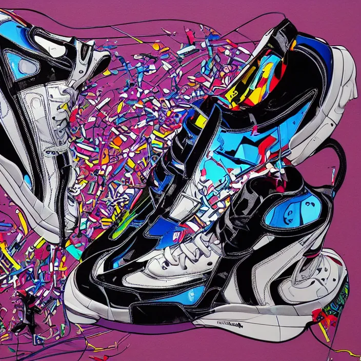 Prompt: futuristic sneakers in jeff koons hip hop bauhaus style, highly detailed, hyper realistic, art by todd mcfarlane