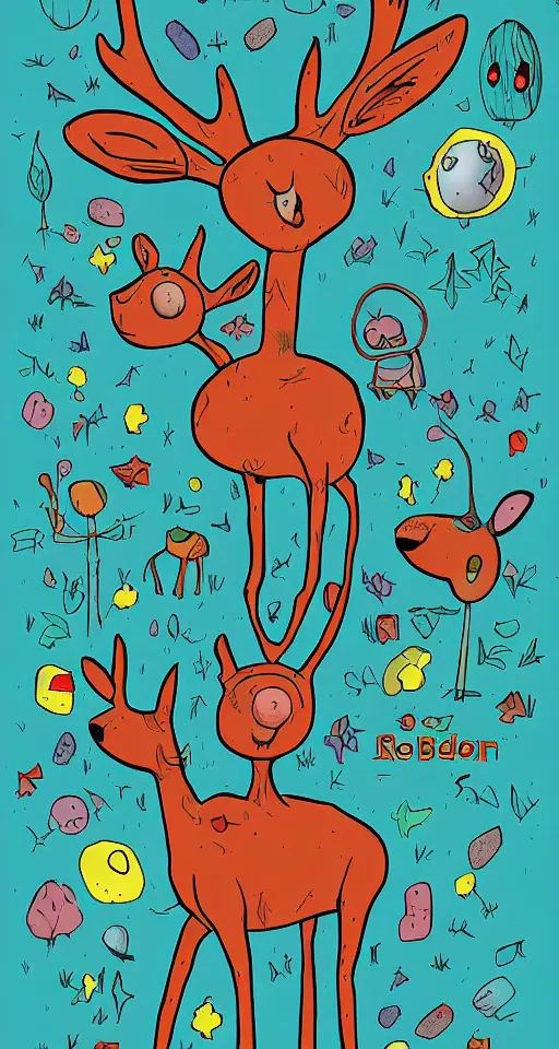Image similar to book cover for a children's book called 'the deer and the robot' digital art