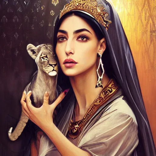 Image similar to a Photorealistic dramatic hyperrealistic render of an arab, queen Esther, ameera al taweel, green eyes, middle Eastern skin, eyes, black hair, white veil, with a pet lion by WLOP,Artgerm,Greg Rutkowski,Alphonse Mucha, Beautiful dynamic dramatic dark moody lighting,shadows,cinematic atmosphere,Artstation,concept design art,Octane render,8K