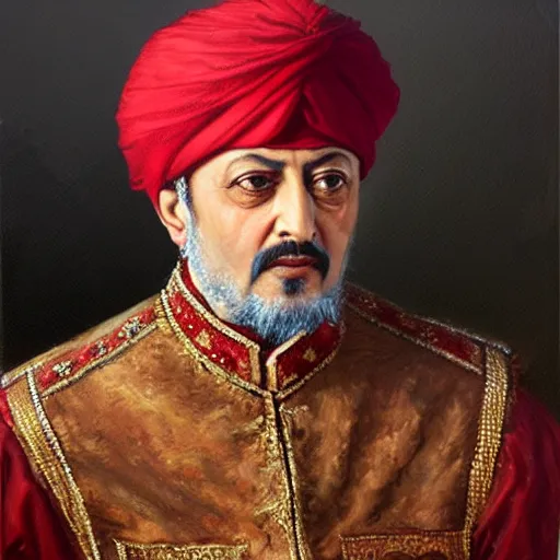 Prompt: Oil Painting of Recep Tayyib Erdoğan as Sultan Süleyman, red Oval Turban, close-up, very detailed facial features, by Osman Hamdi Bey