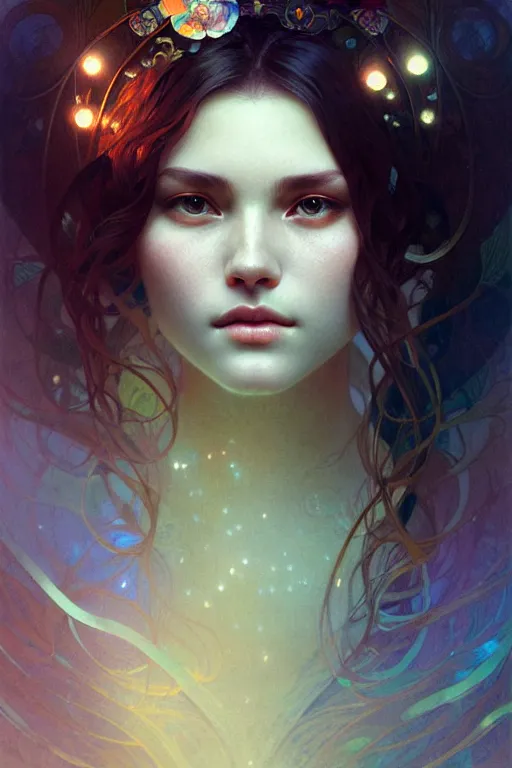 Image similar to beautiful aerite, portrait in the center of the face, home care, gentle, thoughtful, fog, snow, volumetric lighting, soft light particles floating next to her, illustration, perfectly shaded, often painted, works by krenz kushart and wenjun lin, alphonse mucha