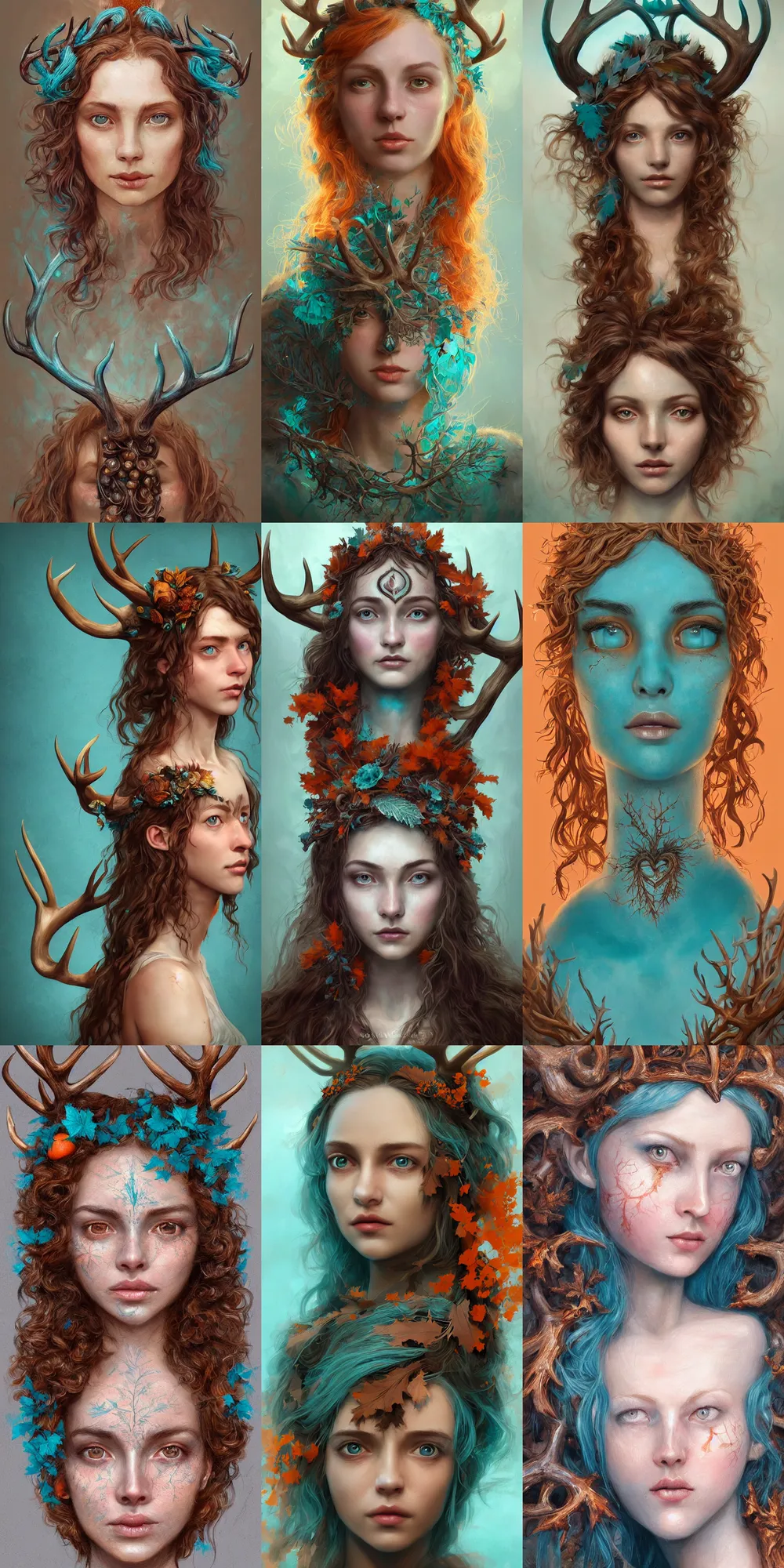Prompt: beautiful digital painting of freya allan with teal skin and antlers made of wood on her head, brown curly hair with orange oak leaves, heart shaped face, D&D, fantasy, intricate, beautiful eyes, cinematic lighting, highly detailed, digital painting, Artstation, concept art, smooth, sharp focus, illustration, art by Artgerm and Greg Rutkowski, Alphonse Mucha and Rossdraws