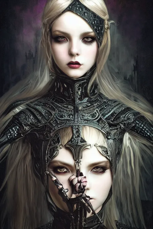 Image similar to beautiful luxury and gothic and victorian and evil young female medieval black armor knight portrait like lisa blackpink+smoky eyes+front face with light flowing hair, ultradetail face, art and illustration by tian zi and craig mullins and WLOP and alphonse mucha, ssci-fi, fantasy, intricate complexity, human structure, hypermaximalist, fantasy character concept, dynamic lighting, neon light, watermark, blurry, hyperrealism 8k