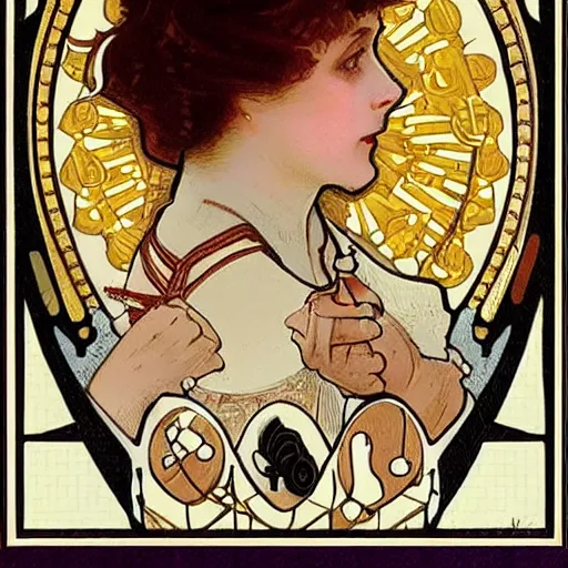 Prompt: a young edwardian woman playing chess, in the style of mucha