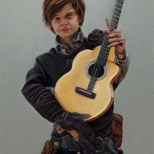 Prompt: modern oil portrait of young charming gunslinger jack, holding a pistol and a guitar, very very very very very beautiful art, masterpiece, realistic and detailed, artstation, artificial lightning