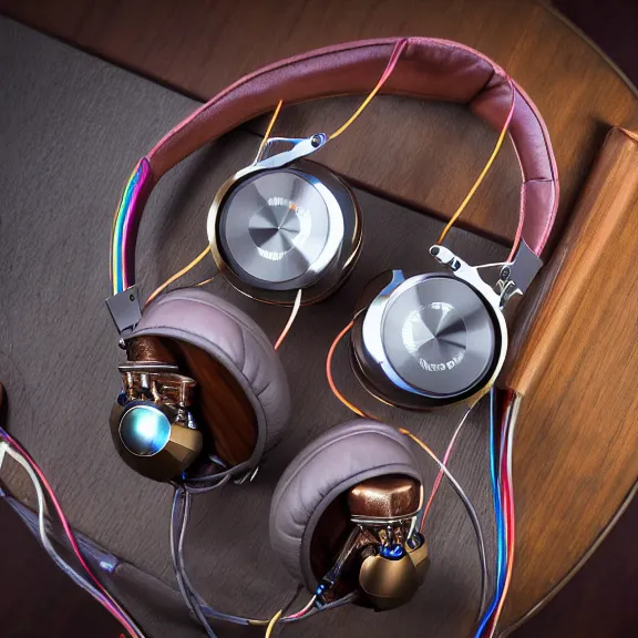 Image similar to masterpiece photo of beautiful crafted artistic bismuth metal headphones, bismuth rainbow metal, bismuth cups, leather padding, displayed on mahogany desk, modernist headphones, bismuth headphones beautiful well designed, hyperrealistic, audiophile, intricate hyper detail, extreme high quality, photographic, meze audio, sennheiser, hifiman, artstation, abyssal audio