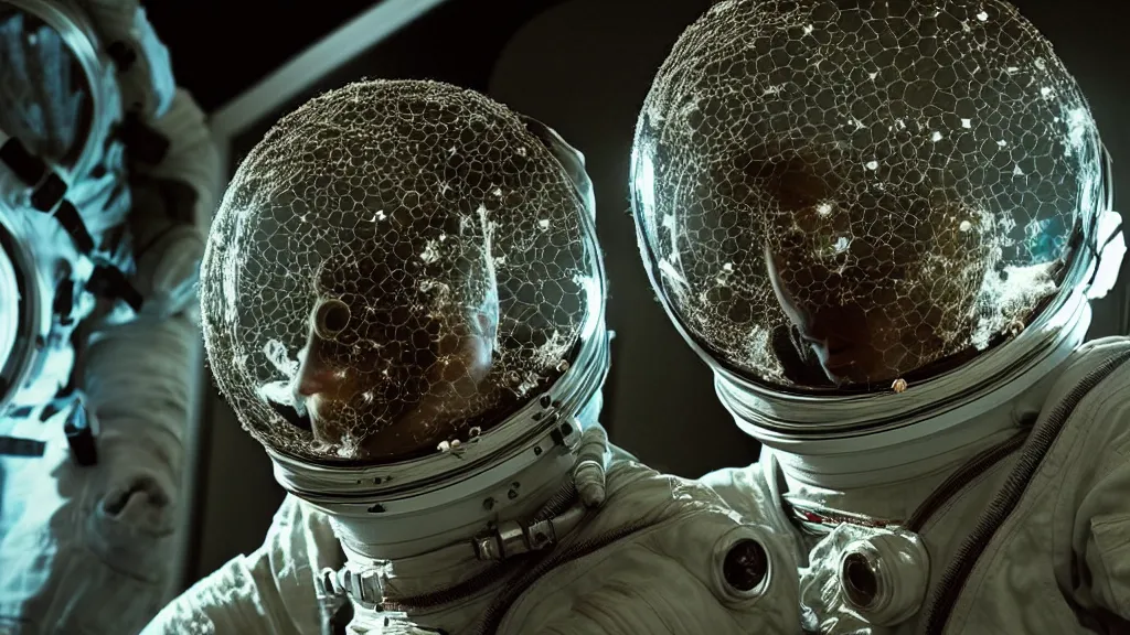 Image similar to a single astronaut eva suit made of diamond 3d fractal lace iridescent bubble 3d skin and covered with insectoid compound eye camera lenses floats through the living room, film still from the movie directed by Denis Villeneuve with art direction by Salvador Dalí, wide lens,