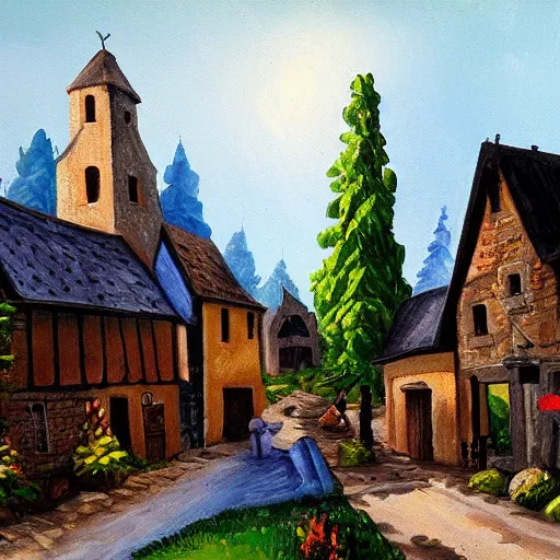 Prompt: Medieval village, Bob Ross painting