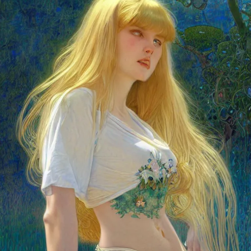 Image similar to A young woman with blonde long hair and bangs in shorts and white shirt drawn by Donato Giancola and Robert McGinnis and Julie Bell and Zeronis and alphonse mucha, background by James Jean and gustav klimt, 4k, sunny day, volumetric lighting, french nouveau, trending on artstation, octane render, hyperrealistic