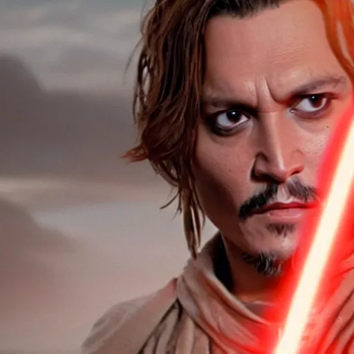 Image similar to awe inspiring Johnny Depp as a Jedi Master wielding a golden lightsaber Star Wars movie still 8k hdr amazing lighting