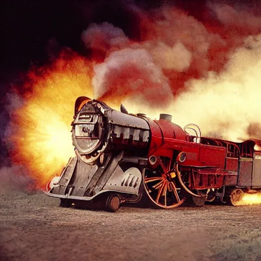 Prompt: old historic photograph of an red ferrari jumping over a steam train in the wild west, 1 7 8 5, dusty, gold rush, western, action photography, epic lighting, style of michael bay