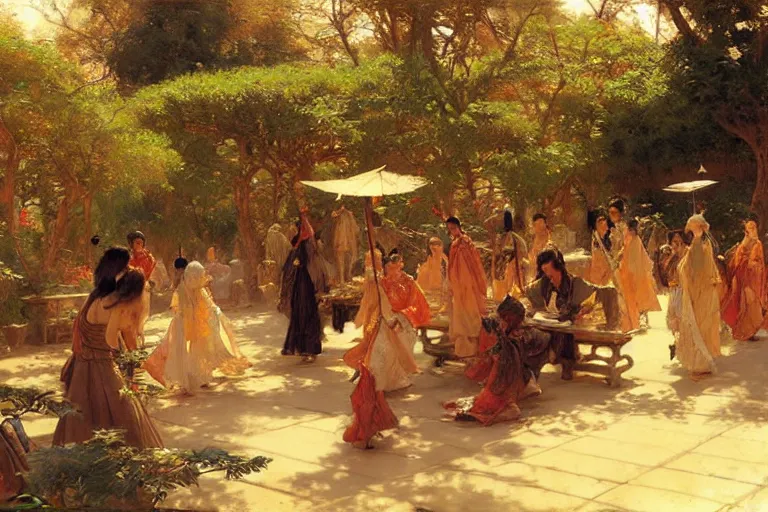 Image similar to wuxia, autumn, people rest in the garden, painting by gaston bussiere, craig mullins, j. c. leyendecker