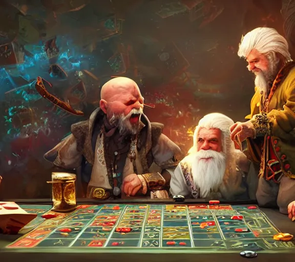 Prompt: a white haired dwarf and a pirate halfling gambling with dice near a creak, illustration by craig mullins, wlop, highly detailed, colorful, unreal engine, octane render, dramatic lighting, cinematic composition,