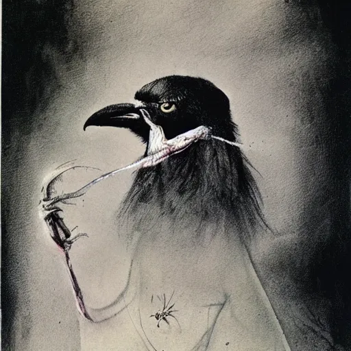 Prompt: illustration of a buff crow by stephen gammell, francis bacon